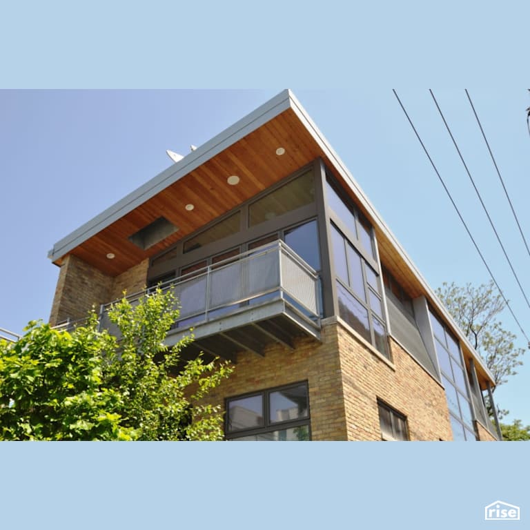 Balcony entrance of LEED Platinum home remodel with Accent Outdoor Lighting by Alpen High Performance Products
