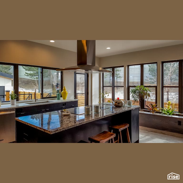 Open concept kitchen with many windows with Integrated LED by Alpen High Performance Products