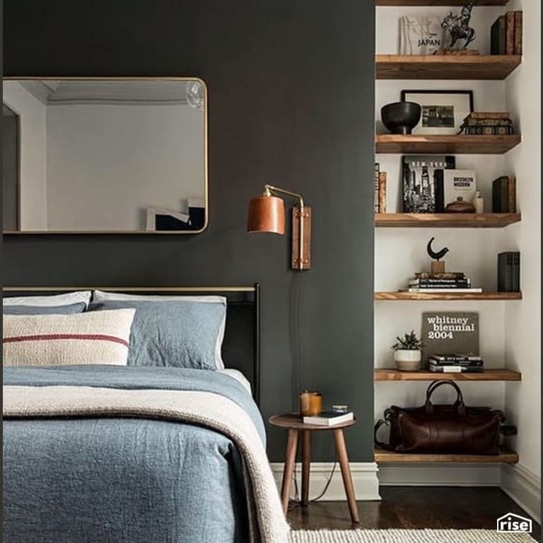 Bedroom with finished wood shelves with Interior Wood Finish by Vermont Natural Coatings