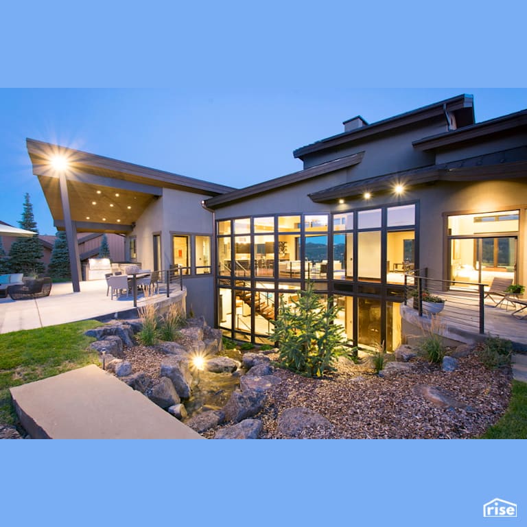 Rear patios and cascading 2-story courtyard with water feature with Wood Mulch by Alpen High Performance Products