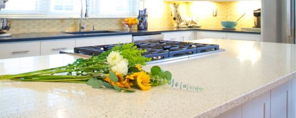 Geos Recycled Glass Countertop - Ocean Shell Kitchen Island