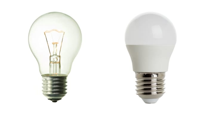 Incandescent (left) vs. LED (right). Credit: thomaslenne via Getty, eyewave via Canva.