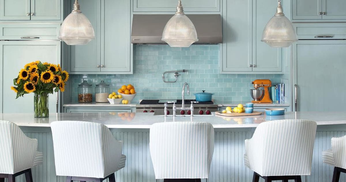 Rise Coral blue kitchen with finished hardwood floors with Interior