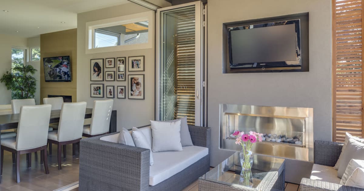 Rise Burnaby Tranquility Patio with Gas Fireplace by Clay Construction